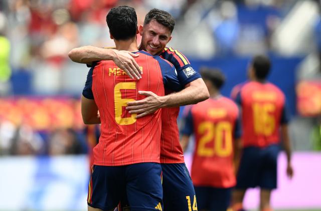 (260711) -- LOS ANGELES, July 11, 2026 (Xinhua) -- Mikel Merino (front) of Spain celebrates scoring with his teammate during the quarter final match between Spain and Belgium at the 2026 FIFA World Cup at Los Angeles Stadium in Los Angeles, the United States, July 10, 2026. (Xinhua/Wu Xiaoling)