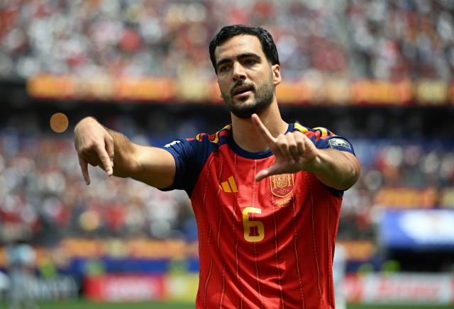 (260711) -- LOS ANGELES, July 11, 2026 (Xinhua) -- Mikel Merino of Spain celebrates scoring during the quarter final match between Spain and Belgium at the 2026 FIFA World Cup at Los Angeles Stadium in Los Angeles, the United States, July 10, 2026. (Xinhua/Wu Xiaoling)