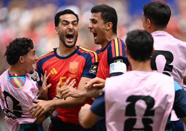 (260711) -- LOS ANGELES, July 11, 2026 (Xinhua) -- Mikel Merino (2nd L) of Spain celebrates scoring with his teammate during the quarter final match between Spain and Belgium at the 2026 FIFA World Cup at Los Angeles Stadium in Los Angeles, the United States, July 10, 2026. (Xinhua/Wu Xiaoling)