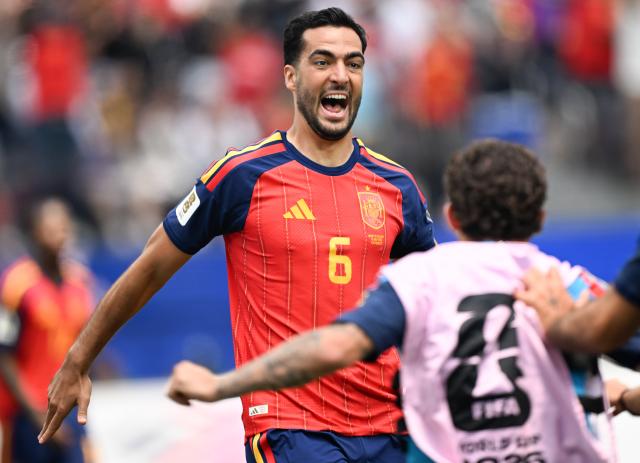 (260711) -- LOS ANGELES, July 11, 2026 (Xinhua) -- Mikel Merino (L) of Spain celebrates scoring with his teammate during the quarter final match between Spain and Belgium at the 2026 FIFA World Cup at Los Angeles Stadium in Los Angeles, the United States, July 10, 2026. (Xinhua/Wu Xiaoling)