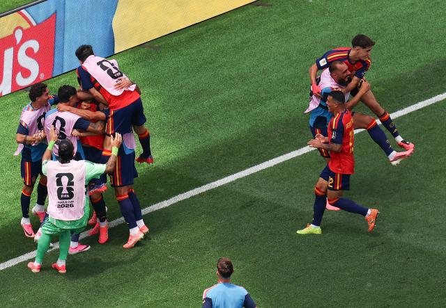 (260711) -- LOS ANGELES, July 11, 2026 (Xinhua) -- Players of Spain celebrate scoring during the quarter final match between Spain and Belgium at the 2026 FIFA World Cup at Los Angeles Stadium in Los Angeles, the United States, July 10, 2026. (Xinhua/Mao Siqian)
