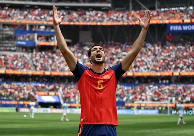 (260711) -- LOS ANGELES, July 11, 2026 (Xinhua) -- Mikel Merino of Spain celebrates scoring during the quarter final match between Spain and Belgium at the 2026 FIFA World Cup at Los Angeles Stadium in Los Angeles, the United States, July 10, 2026. (Xinhua/Wu Xiaoling)