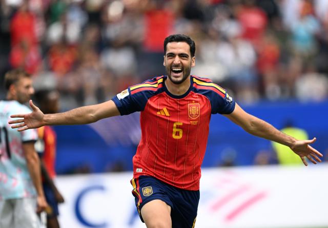 (260711) -- LOS ANGELES, July 11, 2026 (Xinhua) -- Mikel Merino of Spain celebrates scoring during the quarter final match between Spain and Belgium at the 2026 FIFA World Cup at Los Angeles Stadium in Los Angeles, the United States, July 10, 2026. (Xinhua/Wu Xiaoling)