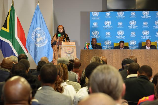 (260710) -- JOHANNESBURG, July 10, 2026 (Xinhua) -- South African Minister in the Presidency for Planning, Monitoring and Evaluation Maropene Ramokgopa (1st L) speaks at the signing ceremony of the UN Sustainable Development Cooperation Framework in Pretoria, South Africa, July 10, 2026. The South African government and the United Nations (UN) on Friday signed a five-year cooperation framework to support the country's national development priorities and the Sustainable Development Goals.
TO GO WITH "S. Africa, UN sign cooperation framework to support sustainable development" (GCIS/Handout via Xinhua)