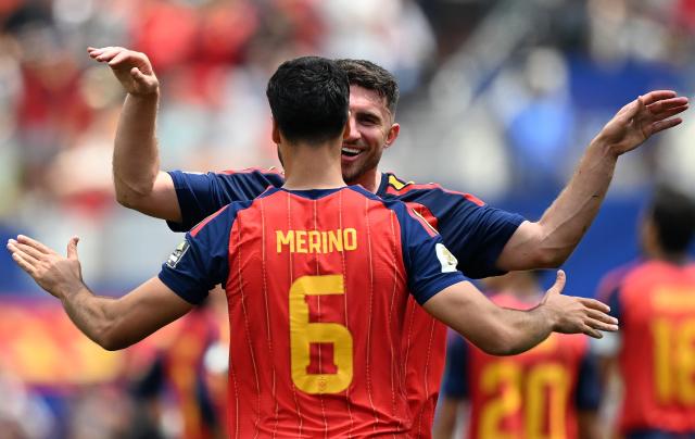 (260711) -- LOS ANGELES, July 11, 2026 (Xinhua) -- Mikel Merino (front) of Spain celebrates scoring with his teammate during the quarter final match between Spain and Belgium at the 2026 FIFA World Cup at Los Angeles Stadium in Los Angeles, the United States, July 10, 2026. (Xinhua/Wu Xiaoling)