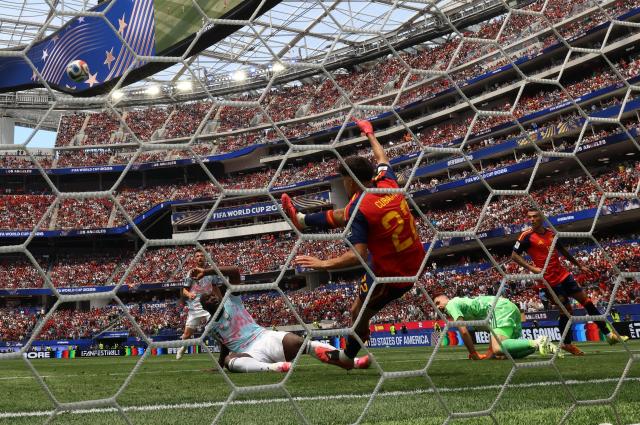 (260711) -- LOS ANGELES, July 11, 2026 (Xinhua) -- Romelu Lukaku (2nd L) of Belgium shoots during the quarter final match between Spain and Belgium at the 2026 FIFA World Cup at Los Angeles Stadium in Los Angeles, the United States, July 10, 2026. (Xinhua/Bai Xuefei)
