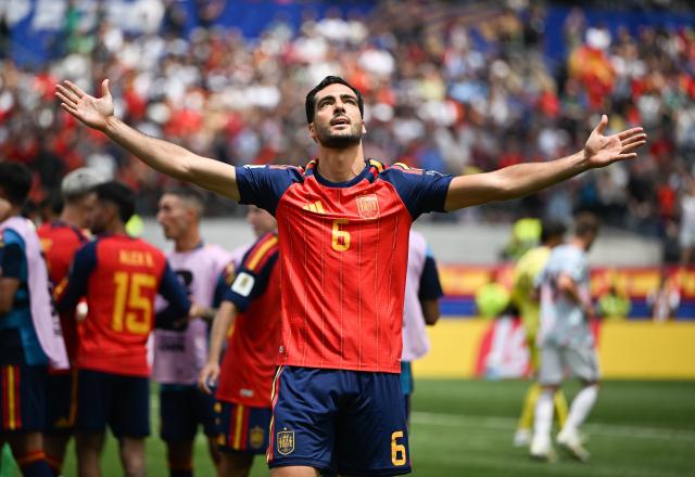 (260711) -- LOS ANGELES, July 11, 2026 (Xinhua) -- Mikel Merino of Spain celebrates scoring during the quarter final match between Spain and Belgium at the 2026 FIFA World Cup at Los Angeles Stadium in Los Angeles, the United States, July 10, 2026. (Xinhua/Wu Xiaoling)