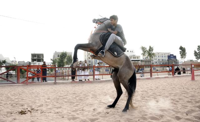 (260710) -- SANAA, July 10, 2026 (Xinhua) -- A rider performs at an equestrian club in Sanaa, Yemen, on July 9, 2026. Horse lovers and trainers gathered at an equestrian club in Yemen's capital Sanaa to promote equestrian culture and encourage horse riding ahead of World Horse Day, which falls on July 11. (Photo by Mohammed Mohammed/Xinhua)