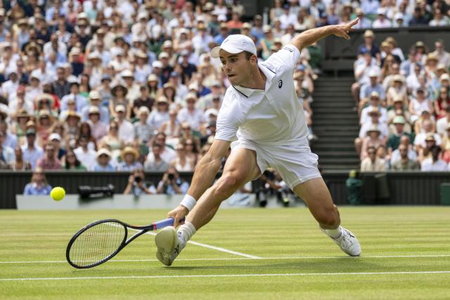 (260711) -- LONDON, July 11, 2026 (Xinhua) -- Arthur Fery hits a return during the men's singles semifinal between Arthur Fery of Britain and Alexander Zverev of Germany at the Wimbledon Tennis Championships in London, Britain, on July 10, 2026. (Photo by Stephen Chung/Xinhua)