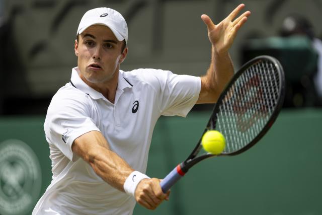 (260711) -- LONDON, July 11, 2026 (Xinhua) -- Arthur Fery hits a return during the men's singles semifinal between Arthur Fery of Britain and Alexander Zverev of Germany at the Wimbledon Tennis Championships in London, Britain, on July 10, 2026. (Photo by Stephen Chung/Xinhua)