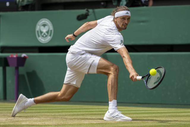 (260711) -- LONDON, July 11, 2026 (Xinhua) -- Alexander Zverev hits a return during the men's singles semifinal between Arthur Fery of Britain and Alexander Zverev of Germany at the Wimbledon Tennis Championships in London, Britain, on July 10, 2026. (Photo by Stephen Chung/Xinhua)