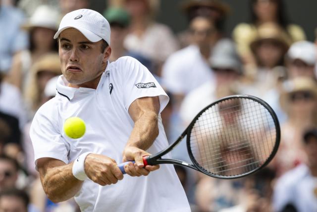 (260711) -- LONDON, July 11, 2026 (Xinhua) -- Arthur Fery hits a return during the men's singles semifinal between Arthur Fery of Britain and Alexander Zverev of Germany at the Wimbledon Tennis Championships in London, Britain, on July 10, 2026. (Photo by Stephen Chung/Xinhua)