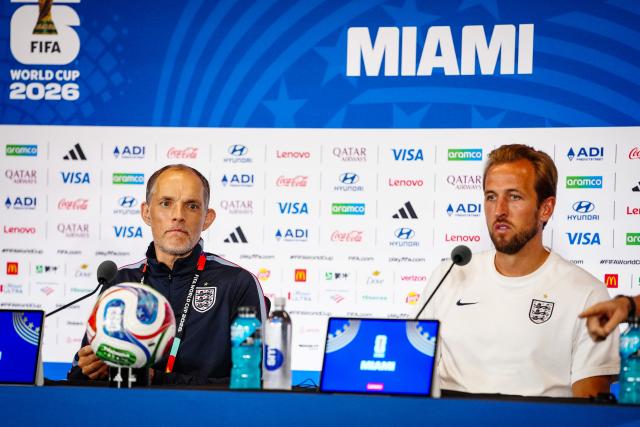 (260711) -- MIAMI, July 11, 2026 (Xinhua) -- England's head coach Thomas Tuchel (L) and player Harry Kane attend a press conference ahead of quarterfinal between Norway and England at the 2026 FIFA World Cup in Miami, the United States, July 10, 2026. (Xinhua/Jia Haocheng)