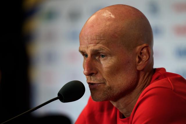 (260711) -- MIAMI, July 11, 2026 (Xinhua) -- Stale Solbakken, head coach of Norway, attends a press conference ahead of quarterfinal between Norway and England at the 2026 FIFA World Cup in Miami, the United States, July 10, 2026. (Xinhua/Chen Yichen)
