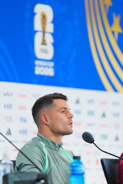 (260711) -- KANSAS CITY, July 11, 2026 (Xinhua) -- Granit Xhaka of Switzerland attends a press conference ahead of the quarterfinal between Argentina and Switzerland at the 2026 FIFA World Cup in Kansas City, the United States, on July 10, 2026. (Xinhua/Xu Chang)