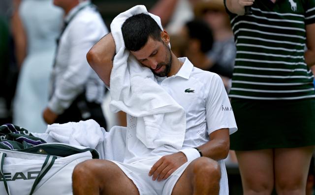 (260711) -- LONDON, July 11, 2026 (Xinhua) -- Novak Djokovic is seen during the men's singles semifinal between Jannik Sinner of Italy and Novak Djokovic of Serbia at the Wimbledon Tennis Championships in London, Britain, on July 10, 2026. (Xinhua/Li Ying)