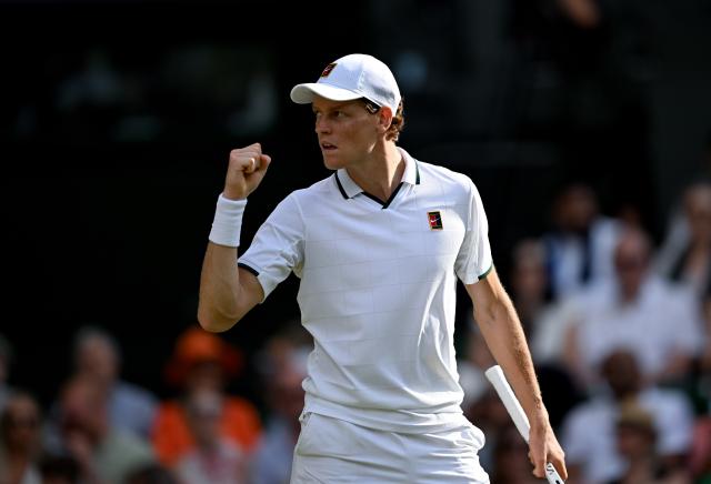 (260711) -- LONDON, July 11, 2026 (Xinhua) -- Jannik Sinner reacts during the men's singles semifinal between Jannik Sinner of Italy and Novak Djokovic of Serbia at the Wimbledon Tennis Championships in London, Britain, on July 10, 2026. (Xinhua/Li Ying)