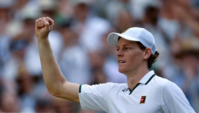 (260711) -- LONDON, July 11, 2026 (Xinhua) -- Jannik Sinner celebrates after winning the men's singles semifinal between Jannik Sinner of Italy and Novak Djokovic of Serbia at the Wimbledon Tennis Championships in London, Britain, on July 10, 2026. (Xinhua/Li Ying)
