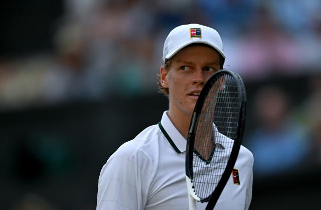 (260711) -- LONDON, July 11, 2026 (Xinhua) -- Jannik Sinner reacts during the men's singles semifinal between Jannik Sinner of Italy and Novak Djokovic of Serbia at the Wimbledon Tennis Championships in London, Britain, on July 10, 2026. (Xinhua/Li Ying)