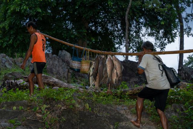 (260711) -- CHAMPASAK, July 11, 2026 (Xinhua) -- Fishermen move newly-caught fish ashore in Champasak Province, Laos, July 10, 2026. Champasak Province in southern Laos is home to the final section of the Mekong River running through the country, and well noted for a diverse array of river fish and rich aquatic resources. Many locals rely on fishing for their livelihood. (Photo by Kaikeo Saiyasane/Xinhua)