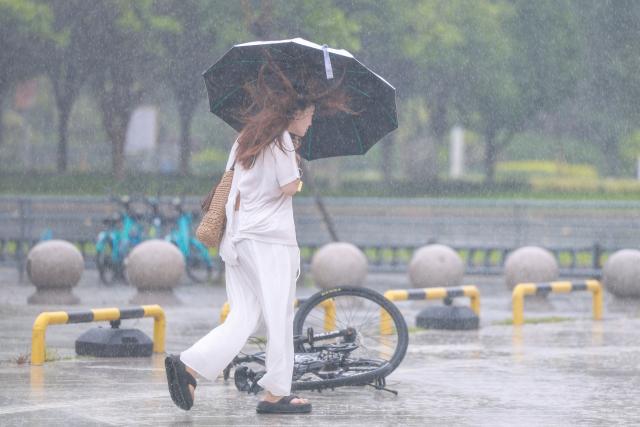 (260711) -- WENZHOU, July 11, 2026 (Xinhua) -- A woman walks amid wind and rain in Yueqing of Wenzhou, east China's Zhejiang Province, July 11, 2026. Zhejiang Province in east China raised its typhoon emergency response to the highest level on Saturday as Typhoon Bavi, the 9th typhoon of 2026, barrels toward the country's eastern coast, triggering widespread disaster prevention efforts across multiple provincial-level regions. 
  According to Zhejiang Meteorological Observatory, the severe typhoon was located some 489 km off the coast of the province's city of Wenzhou as of 9 a.m. on Saturday, packing strong-typhoon-level winds near its center. It is forecast to move northwest at a speed of 30 to 35 km per hour and make landfall in Zhejiang around midnight. (Xinhua/Jiang Han)