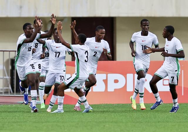 (260711) -- YINCHUAN, July 11, 2026 (Xinhua) -- Players of Nigeria celebrate after scoring during the CFA Team China International Youth Football Tournament Yinchuan 2026 between Chinese U17 national team and Nigerian U17 national team in Yinchuan, northwest China's Ningxia Hui Autonomous Region, July 11, 2026. (Xinhua/Yang Zhisen)