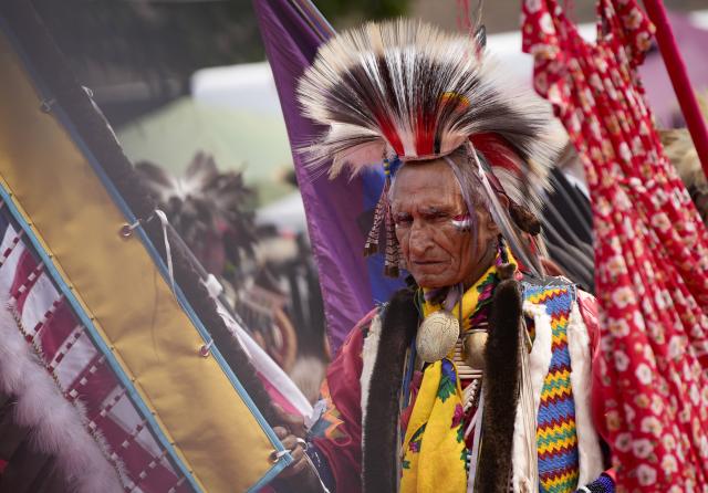 (260713) -- NORTH VANCOUVER, July 13, 2026 (Xinhua) -- A member of Indigenous community performs during the Squamish Nation Youth Pow-Wow in North Vancouver, British Columbia, Canada, on July 12, 2026. The annual event brought together Indigenous youth, dancers, drummers and community members to celebrate First Nations cultures, traditions and heritage through traditional songs, dances and ceremonies. (Photo by Liang Sen/ Xinhua)