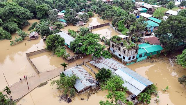 (260713) -- BANDARBAN, July 13, 2026 (Xinhua) -- An aerial drone photo taken on July 12, 2026 shows a flood-affected area in Bandarban, Bangladesh. Floods that have swept parts of Bangladesh for about a week have killed 51 people, said a senior official on Sunday.
   According to the latest daily disaster situation report released by the country's Ministry of Disaster Management and Relief, more than 1.02 million people were marooned by floods in seven out of the country's total 64 districts. (Photo by Habibur Rahman/Xinhua)