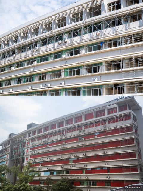 (260713) -- HUANGGANG, July 13, 2026 (Xinhua) -- This combo photo shows a staff member removing broken windows in Huanggang Normal University of Huanggang City in central China's Hubei Province, on July 8, 2026 (above), and the temporarily covered glass doors and windows of the building on July 13, 2026 (below).
  Between 7 p.m. and 11 p.m. on July 6, thunderstorms and strong winds hit Huangshi, Huanggang, Ezhou, and Xianning, with two townships seeing gales reaching level 13 in central China's Hubei Province. Some areas saw tornadoes, according to the local authorities. The province has launched all-out rescue and relief efforts to safeguard people's lives and property.
  China's National Development and Reform Commission has allocated 50 million yuan (about 7.34 million U.S. dollars) from the central budget to support emergency recovery efforts in Hubei Province, to restore damaged infrastructure, including roads, as well as public service facilities such as schools, helping affected areas resume normal production and daily life as soon as possible. (Xinhua/Wu Zhizun)