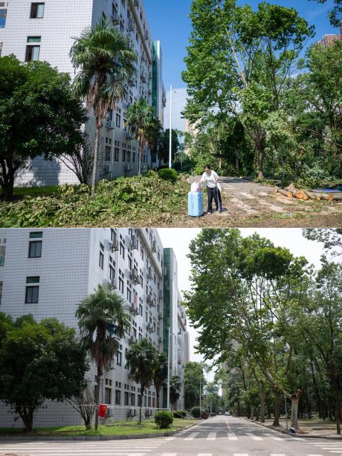 (260713) -- HUANGGANG, July 13, 2026 (Xinhua) -- This combo photo shows a student being evacuated from Huanggang Normal University of Huanggang City in central China's Hubei Province, July 8, 2026 (above) and a view of Huanggang Normal University on July 13, 2026 (below).
  Between 7 p.m. and 11 p.m. on July 6, thunderstorms and strong winds hit Huangshi, Huanggang, Ezhou, and Xianning, with two townships seeing gales reaching level 13 in central China's Hubei Province. Some areas saw tornadoes, according to the local authorities. The province has launched all-out rescue and relief efforts to safeguard people's lives and property.
  China's National Development and Reform Commission has allocated 50 million yuan (about 7.34 million U.S. dollars) from the central budget to support emergency recovery efforts in Hubei Province, to restore damaged infrastructure, including roads, as well as public service facilities such as schools, helping affected areas resume normal production and daily life as soon as possible. (Xinhua/Wu Zhizun)