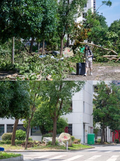 (260713) -- HUANGGANG, July 13, 2026 (Xinhua) -- This combo photo shows a student being evacuated from Huanggang Normal University of Huanggang City in central China's Hubei Province, July 8, 2026 (above) and a view of Huanggang Normal University on July 13, 2026 (below).
  Between 7 p.m. and 11 p.m. on July 6, thunderstorms and strong winds hit Huangshi, Huanggang, Ezhou, and Xianning, with two townships seeing gales reaching level 13 in central China's Hubei Province. Some areas saw tornadoes, according to the local authorities. The province has launched all-out rescue and relief efforts to safeguard people's lives and property.
  China's National Development and Reform Commission has allocated 50 million yuan (about 7.34 million U.S. dollars) from the central budget to support emergency recovery efforts in Hubei Province, to restore damaged infrastructure, including roads, as well as public service facilities such as schools, helping affected areas resume normal production and daily life as soon as possible. (Xinhua/Wu Zhizun)