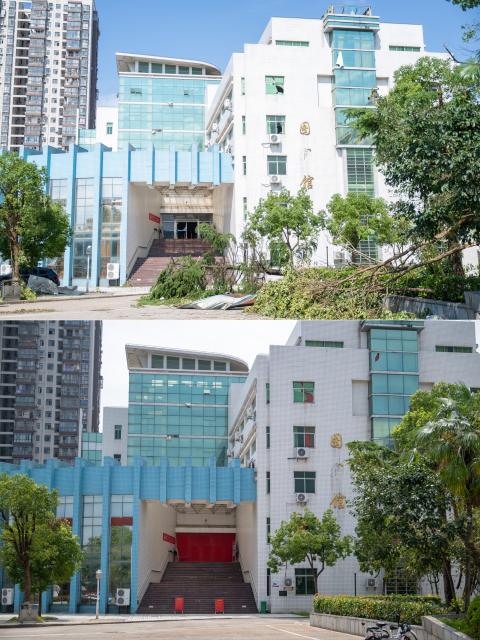 (260713) -- HUANGGANG, July 13, 2026 (Xinhua) -- This combo photo shows the surroundings of the library of Huanggang Normal University of Huanggang City in central China's Hubei Province, on July 8, 2026 (above) and a view of the library on July 13, 2026 (below).
  Between 7 p.m. and 11 p.m. on July 6, thunderstorms and strong winds hit Huangshi, Huanggang, Ezhou, and Xianning, with two townships seeing gales reaching level 13 in central China's Hubei Province. Some areas saw tornadoes, according to the local authorities. The province has launched all-out rescue and relief efforts to safeguard people's lives and property.
  China's National Development and Reform Commission has allocated 50 million yuan (about 7.34 million U.S. dollars) from the central budget to support emergency recovery efforts in Hubei Province, to restore damaged infrastructure, including roads, as well as public service facilities such as schools, helping affected areas resume normal production and daily life as soon as possible. (Xinhua/Wu Zhizun)
