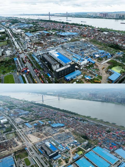 (260713) -- HUANGGANG, July 13, 2026 (Xinhua) -- This drone combo photo shows a logistic park after thunderstorms and gales in Huangzhou District of Huanggang City, central China's Hubei Province, on July 7, 2026 (above) and the cleared one on July 12, 2026 (below).
  Between 7 p.m. and 11 p.m. on July 6, thunderstorms and strong winds hit Huangshi, Huanggang, Ezhou, and Xianning, with two townships seeing gales reaching level 13 in central China's Hubei Province. Some areas saw tornadoes, according to the local authorities. The province has launched all-out rescue and relief efforts to safeguard people's lives and property.
  China's National Development and Reform Commission has allocated 50 million yuan (about 7.34 million U.S. dollars) from the central budget to support emergency recovery efforts in Hubei Province, to restore damaged infrastructure, including roads, as well as public service facilities such as schools, helping affected areas resume normal production and daily life as soon as possible. (Xinhua/Wu Zhizun)