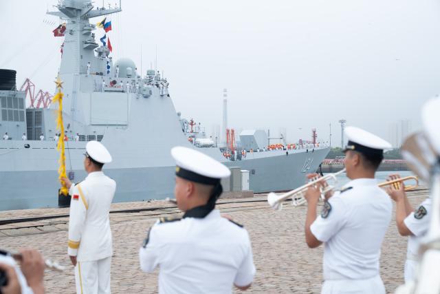 (260713) -- QINGDAO, July 13, 2026 (Xinhua) -- Chinese guided-missile destroyer Kaifeng sets sail after the conclusion ceremony of the "Joint Sea-2026" exercise between China and Russia at a military port in Qingdao, east Chinese Shandong Province, July 13, 2026. The "Joint Sea-2026" exercise between China and Russia concluded at a military port in Qingdao in east China's Shandong Province Monday, with all planned exercise missions finished.
   Launched on July 6, the "Joint Sea-2026" is the twelfth in the series dating back to 2012. (Xinhua/Li Jie)