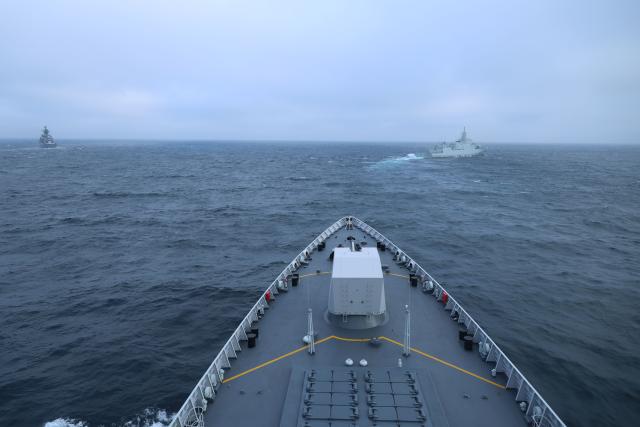 (260713) -- QINGDAO, July 13, 2026 (Xinhua) -- Chinese and Russian naval vessels sail in formation towards the designated sea area during the maritime phase of the "Joint Sea-2026" exercise between China and Russia, July 10, 2026. The "Joint Sea-2026" exercise between China and Russia concluded at a military port in Qingdao in east China's Shandong Province Monday, with all planned exercise missions finished.
   Launched on July 6, the "Joint Sea-2026" is the twelfth in the series dating back to 2012. (Photo by Wang Guanbiao/Xinhua)