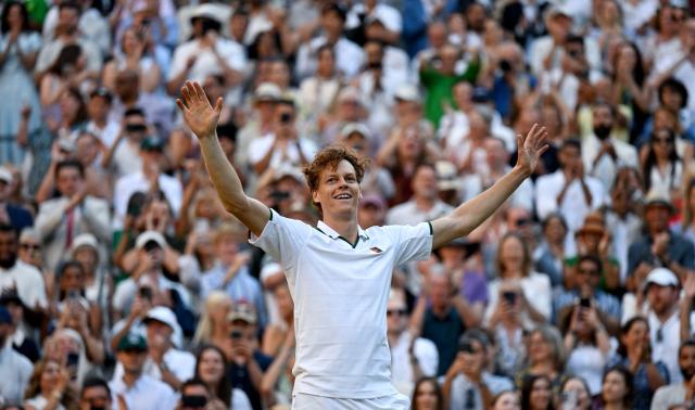 (260714) -- BEIJING, July 14, 2026 (Xinhua) -- Jannik Sinner of Italy celebrates after winning the men's singles final against Alexander Zverev of Germany at the Wimbledon Tennis Championships in London, Britain, July 12, 2026. (Xinhua/Li Ying)