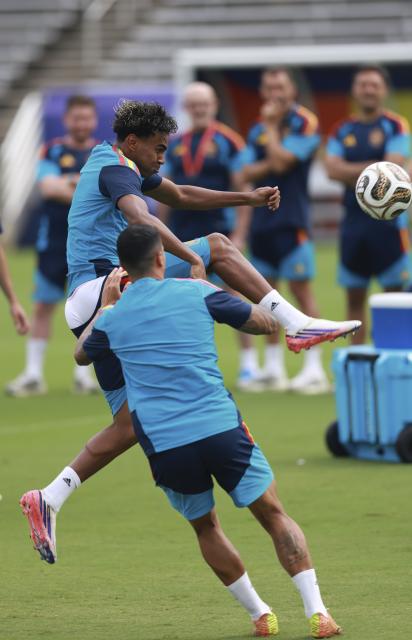 (260714) -- DALLAS, July 14, 2026 (Xinhua) -- Lamine Yamal of Spain attends a training session ahead of the semi-final match between France and Spain at the 2026 FIFA World Cup in Dallas, the United States, on July 13, 2026. (Xinhua/Hu Xingyu)