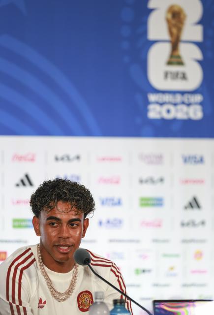 (260714) -- DALLAS, July 14, 2026 (Xinhua) -- Lamine Yamal of Spain attends a press conference ahead of the semi-final match between France and Spain at the 2026 FIFA World Cup in Dallas, the United States, on July 13, 2026. (Xinhua/Hu Xingyu)