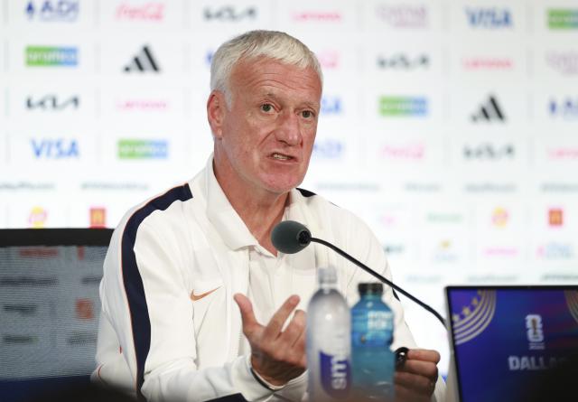 (260714) -- DALLAS, July 14, 2026 (Xinhua) -- Didier Deschamps, head coach of France, attends a press conference ahead of the semi-final match between France and Spain at the 2026 FIFA World Cup in Dallas, the United States, on July 13, 2026. (Xinhua/Hu Xingyu)