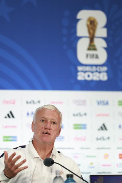(260714) -- DALLAS, July 14, 2026 (Xinhua) -- Didier Deschamps, head coach of France, attends a press conference ahead of the semi-final match between France and Spain at the 2026 FIFA World Cup in Dallas, the United States, on July 13, 2026. (Xinhua/Hu Xingyu)