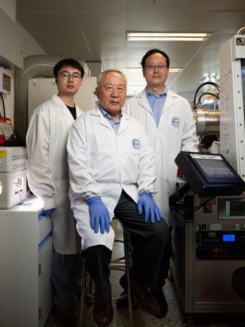 (260714) -- BEIJING, July 14, 2026 (Xinhua) -- Academician Li Yongfang (C), researcher Meng Lei (R) and PhD student Wu Ruihan pose for a group photo at the Institute of Chemistry, Chinese Academy of Sciences (ICCAS), in Beijing, capital of China, July 3, 2026. A new type of solar cell developed by a team of Chinese scientists has achieved a certified steady-state power conversion efficiency of 28.04 percent, setting a new world record for this class of solar cells. 
  The team, led by Li Yongfang, an academician at the Institute of Chemistry, Chinese Academy of Sciences, and Meng Lei, a researcher from the institute, developed the high-performance perovskite-organic tandem solar cell by incorporating a photo-transformable stabilizer. The study was published online in Nature on Monday. (Xinhua/Jin Liwang)