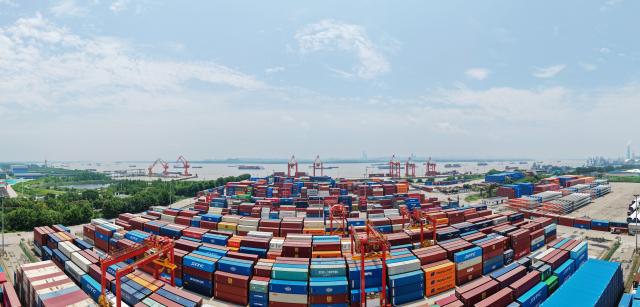 (260714) -- BEIJING, July 14, 2026 (Xinhua) -- An aerial drone photo taken on July 14, 2026 shows a panoramic view of a container yard of Yangzhou Port, east China's Jiangsu Province. China's foreign trade jumped 16.9 percent year on year in the first half of 2026 (H1) to 25.47 trillion yuan (about 3.75 trillion U.S. dollars), marking the first time the figure has exceeded 25 trillion yuan for the same period, official data showed Tuesday.
  China retains its position as the world's largest goods trader amid the robust performance, according to the data from the General Administration of Customs (GAC). (Photo by Meng Delong/Xinhua)