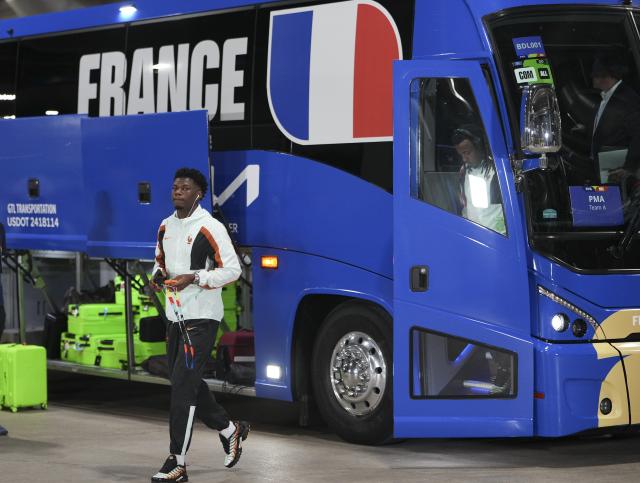 (260715) -- DALLAS, July 15, 2026 (Xinhua) -- Aurelien Tchouameni of France arrives before the semifinal match between France and Spain at the 2026 FIFA World Cup at Dallas Stadium in Dallas, the United States, July 14, 2026. (Xinhua/Huang Zongzhi)