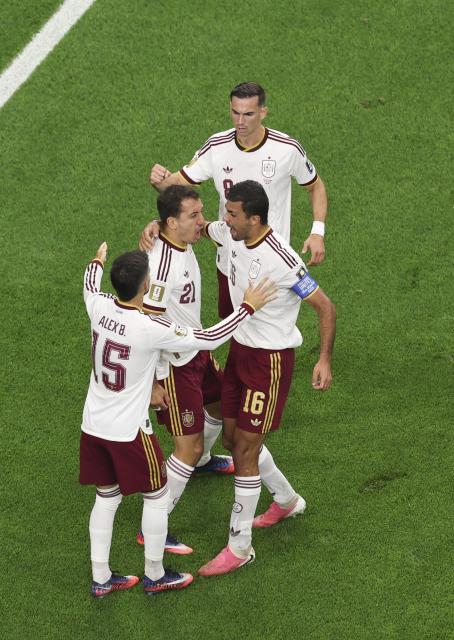 (260715) -- DALLAS, July 15, 2026 (Xinhua) -- Mikel Oyarzabal (2nd L) of Spain celebrates as he scores a penalty kick during the semifinal match between France and Spain at the 2026 FIFA World Cup at Dallas Stadium in Dallas, the United States, July 14, 2026. (Xinhua/Hu Xingyu)