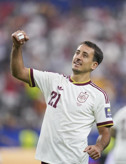 (260715) -- DALLAS, July 15, 2026 (Xinhua) -- Mikel Oyarzabal of Spain celebrates as he scores a penalty kick during the semifinal match between France and Spain at the 2026 FIFA World Cup at Dallas Stadium in Dallas, the United States, July 14, 2026. (Xinhua/Wu Xiaoling)