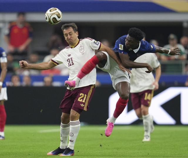 (260715) -- DALLAS, July 15, 2026 (Xinhua) -- Mikel Oyarzabal (L) of Spain vies with Aurelien Tchouameni of France during the semifinal match between France and Spain at the 2026 FIFA World Cup at Dallas Stadium in Dallas, the United States, July 14, 2026. (Xinhua/Wu Xiaoling)