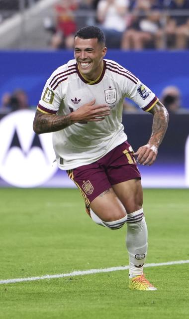 (260715) -- DALLAS, July 15, 2026 (Xinhua) -- Pedro Porro of Spain celebrates a goal during the semifinal match between France and Spain at the 2026 FIFA World Cup at Dallas Stadium in Dallas, the United States, July 14, 2026. (Xinhua/Huang Zongzhi)