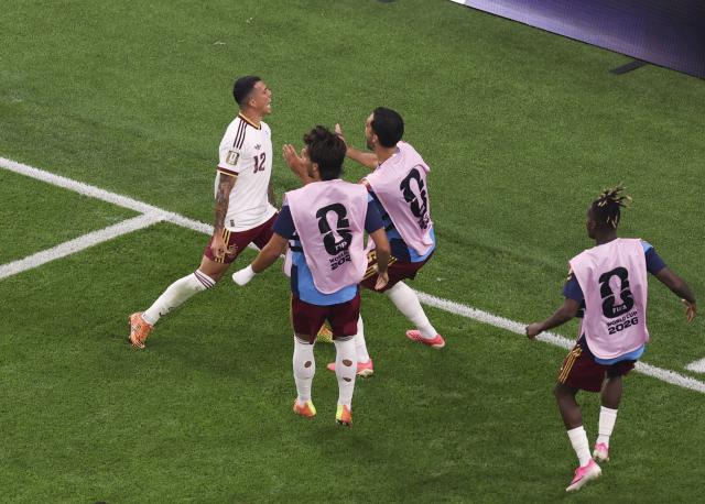 (260715) -- DALLAS, July 15, 2026 (Xinhua) -- Pedro Porro (1st L) of Spain celebrates a goal with teammates during the semifinal match between France and Spain at the 2026 FIFA World Cup at Dallas Stadium in Dallas, the United States, July 14, 2026. (Xinhua/Hu Xingyu)