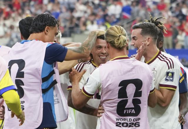 (260715) -- DALLAS, July 15, 2026 (Xinhua) -- Pedro Porro (C) of Spain celebrates a goal with teammates during the semifinal match between France and Spain at the 2026 FIFA World Cup at Dallas Stadium in Dallas, the United States, July 14, 2026. (Xinhua/Huang Zongzhi)