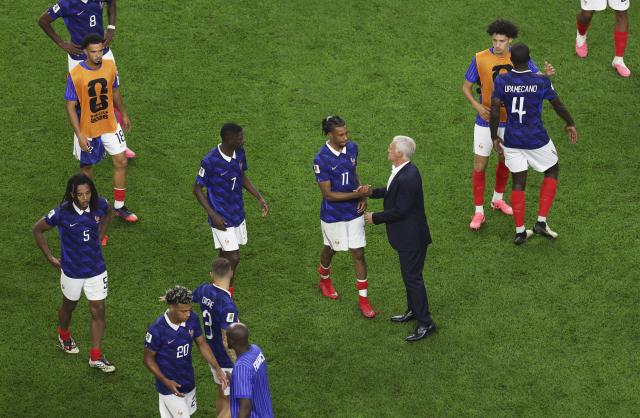 (260715) -- DALLAS, July 15, 2026 (Xinhua) -- Members of team France react after the semifinal match between France and Spain at the 2026 FIFA World Cup at Dallas Stadium in Dallas, the United States, July 14, 2026. (Xinhua/Hu Xingyu)